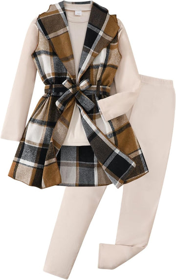 Tween Girls Clothes 3 Piece Outfits Plaid Flannel Belted Vest & Long Sleeve Top and Pants- Fall Clothing Sets