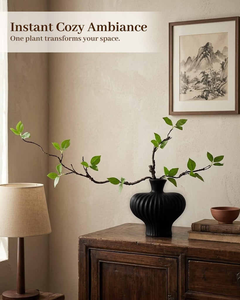 Heart Shaped Vase with Artificial Branch Set, 1 pcs Artificial Stem in Black Ceramic Vase, 22" Fake Plants &