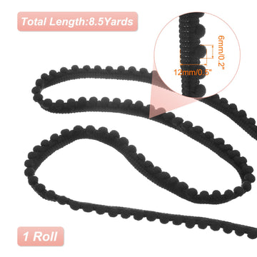 Pom Trim Ribbon, 0.5" Wide Black Pom Ball Fringe Trim Sewing Fringe Fabric Trim Ribbon for DIY Crafts - 8.5 Yards