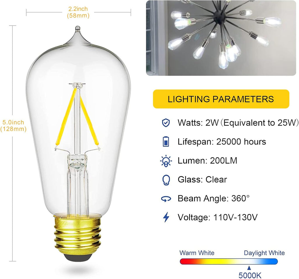 Vintage LED Edison Bulb 25W Equivalent, Daylight White 5000K, 200LM, 2 Watt ST19/ST58 E26 Decorative Filament Light