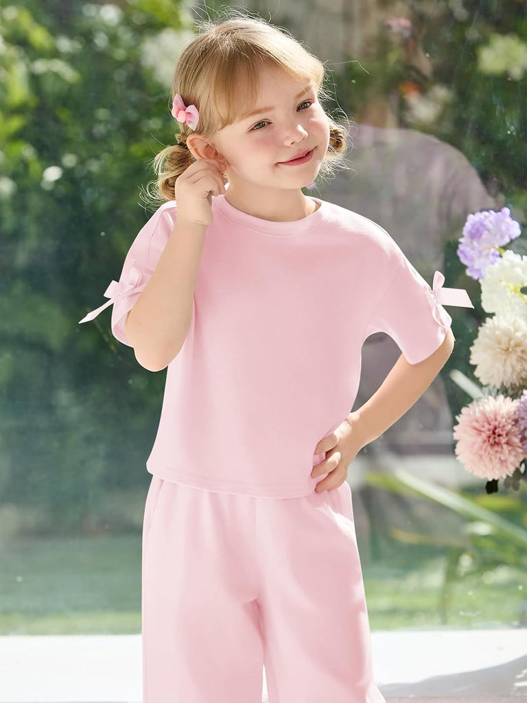 Toddler Baby Girls Summer Clothes 2 Piece Outfits Cute Bow Short Sleeve T Shirts Pants Set with Pockets