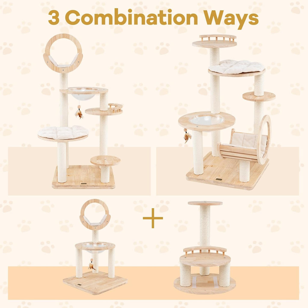 57 Inches Tall Wooden Cat Tree, Multi-Level Cat Tower with Scratching Posts, Space Capsule Bed, Padded Platform