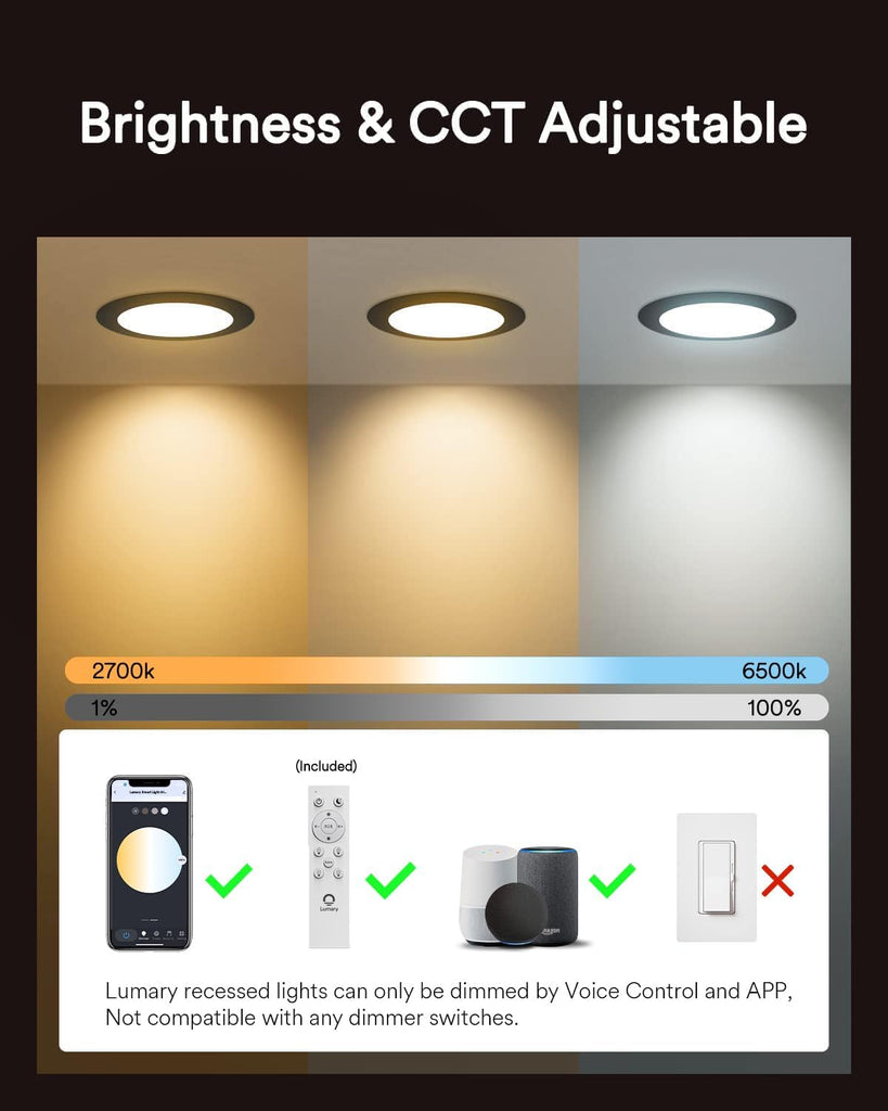 Smart Recessed Lighting 6 Inch, RGBWW Canless Wafer Downlight 13W