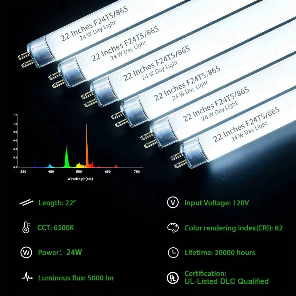 6 Pack 22 Inch T5 Fluorescent Grow Light Bulbs, 24W 6500K Full Spectrum, 2000 Lumens, High Output (HO)
