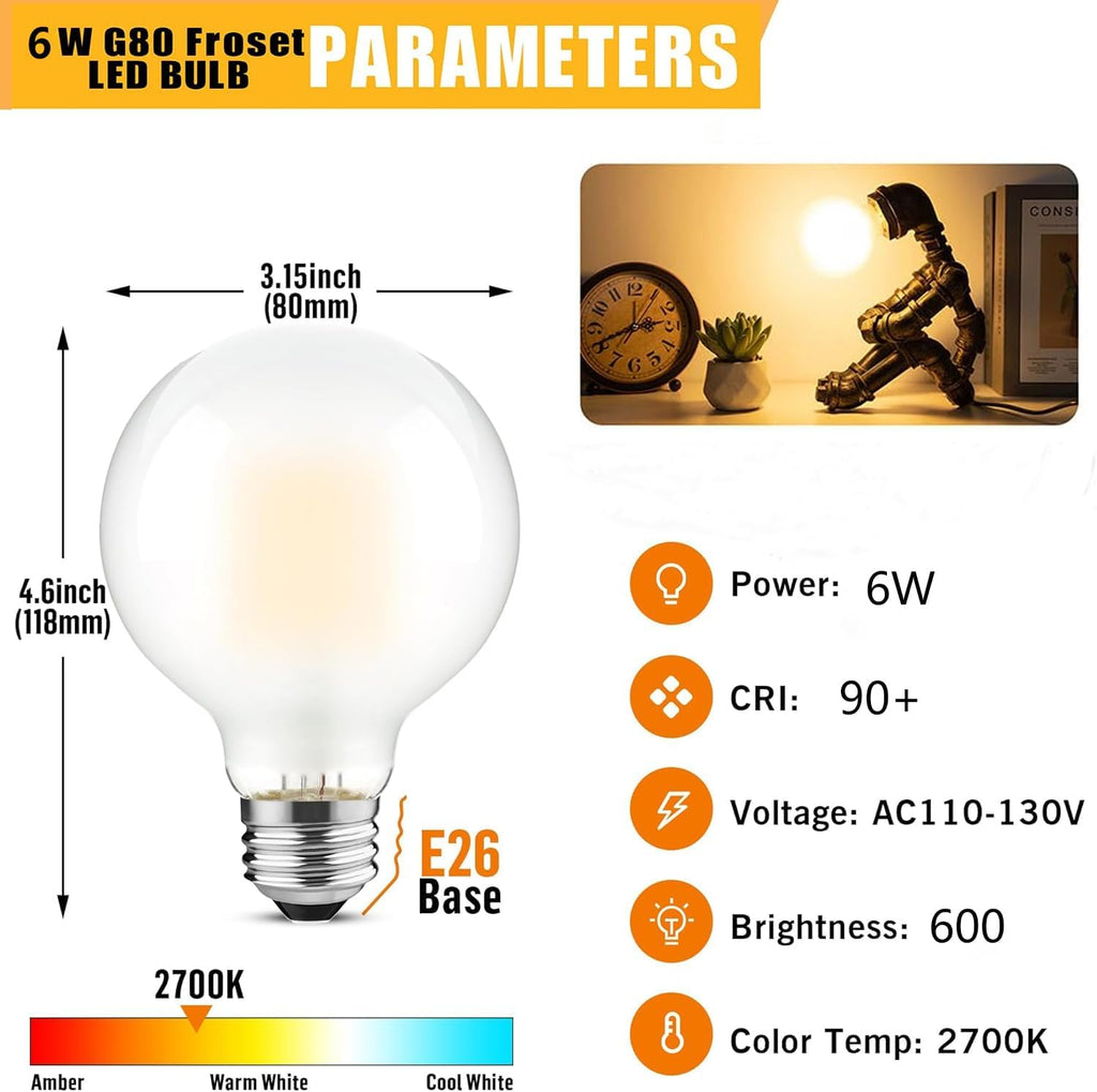 E26 G25 LED Globe Bulbs, 6W (60W Eq), 2700K Soft White Vanity Bulbs, 2Pack