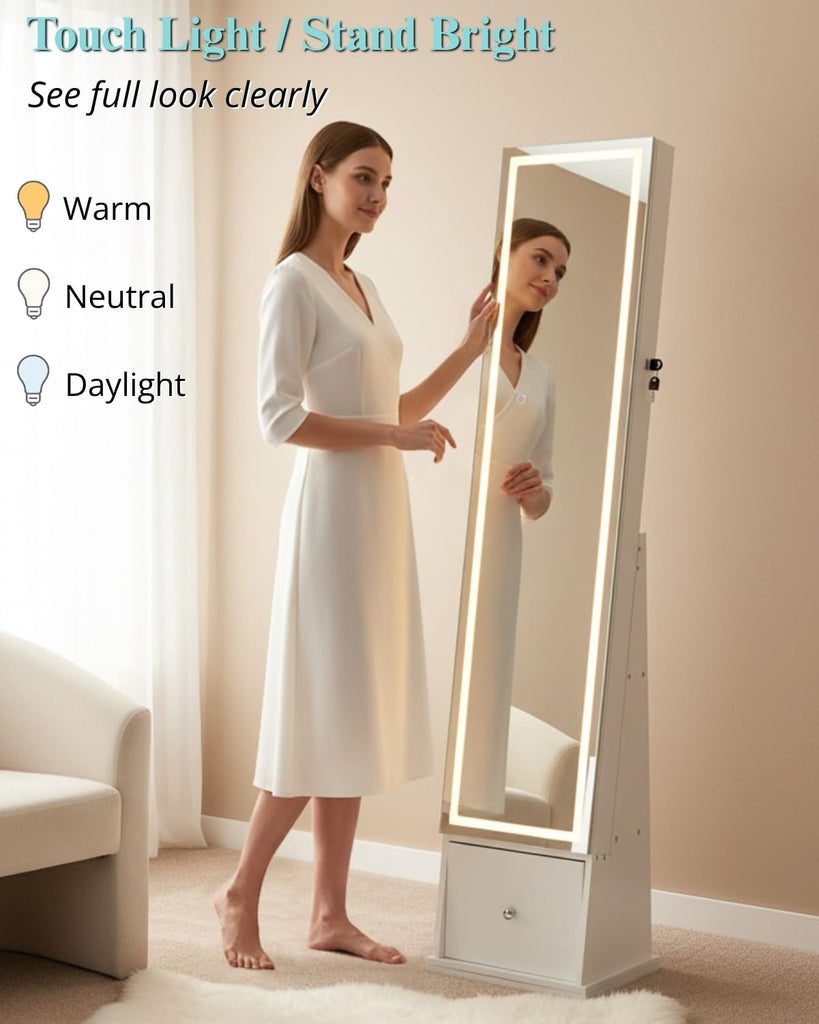LED Light Strip Swivel Freestanding Jewelry Cabinet, 61.8 in