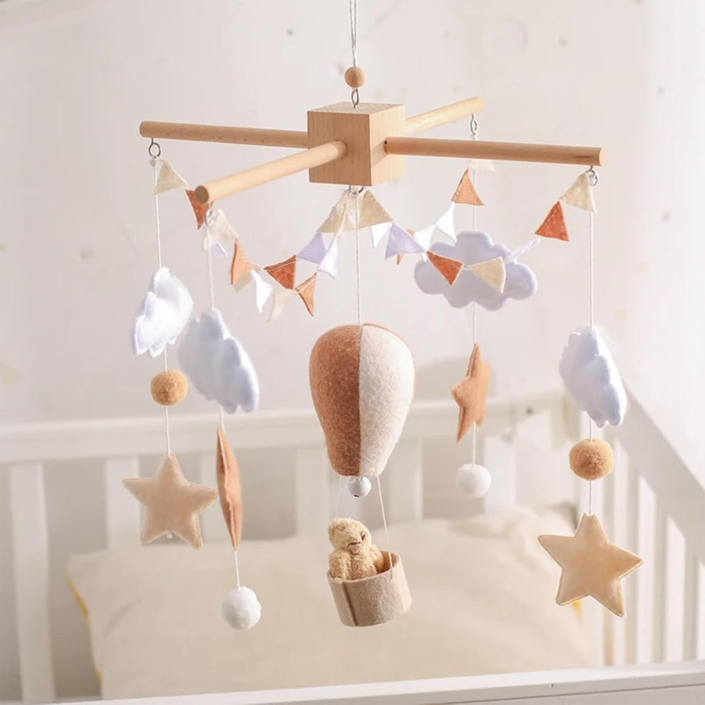 Wooden Bed Bell Crib Mobile with Music Box - Soft Felt Cartoon Bear Hanging Rattle Toy Decor, Handcrafted