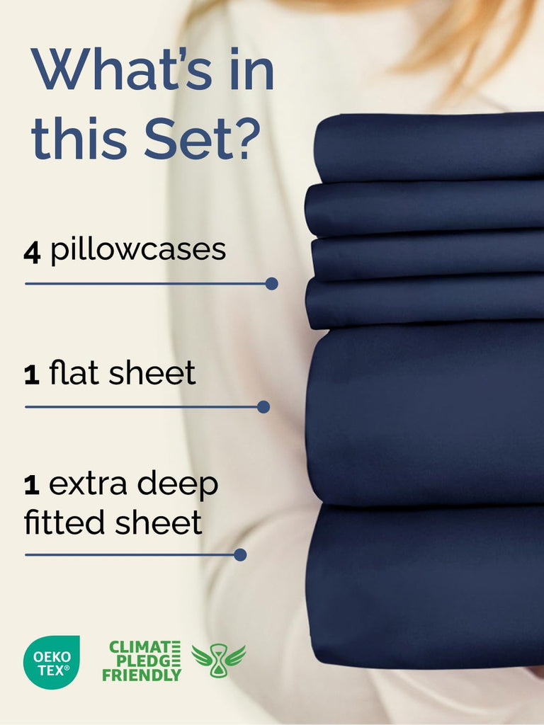 Extra Deep Queen Sheet Set - 6 Piece Breathable and Cooling Sheets - Hotel Luxury Bedding for Women, Men, Kids & Teens - Easy & Secure Fit - Soft, Wrinkle Free & Comfy - Extra Deep Pockets - Navy Blue