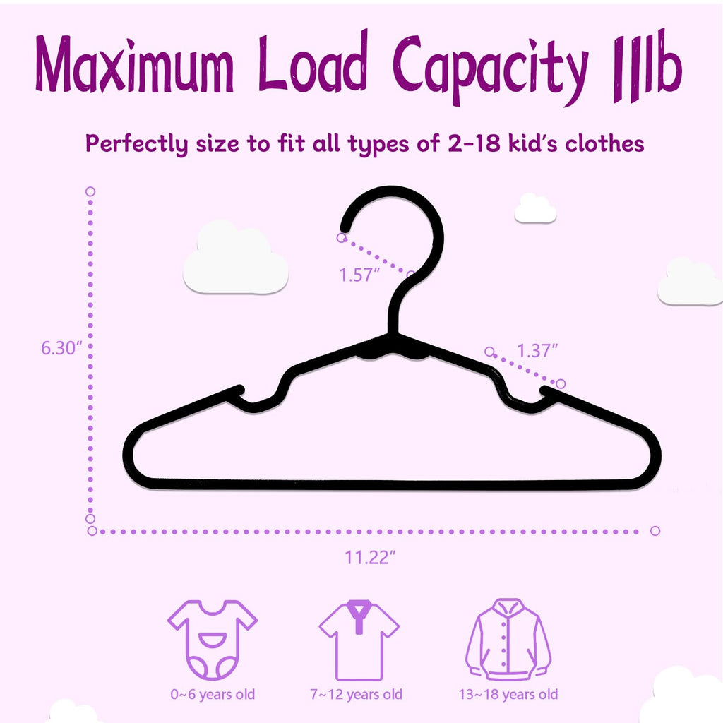 Baby Hangers for Closet 100 Pack Black Plastic Kids Children's Clothes Hangers Non-Slip (Black, 100)