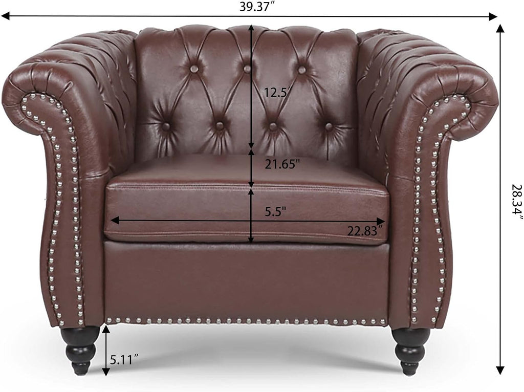 Leather Chesterfield Chair, Mid-Century Modern Single Sofa Chair, Tufted Upholstered Rolled Armchair Bedroom Reading