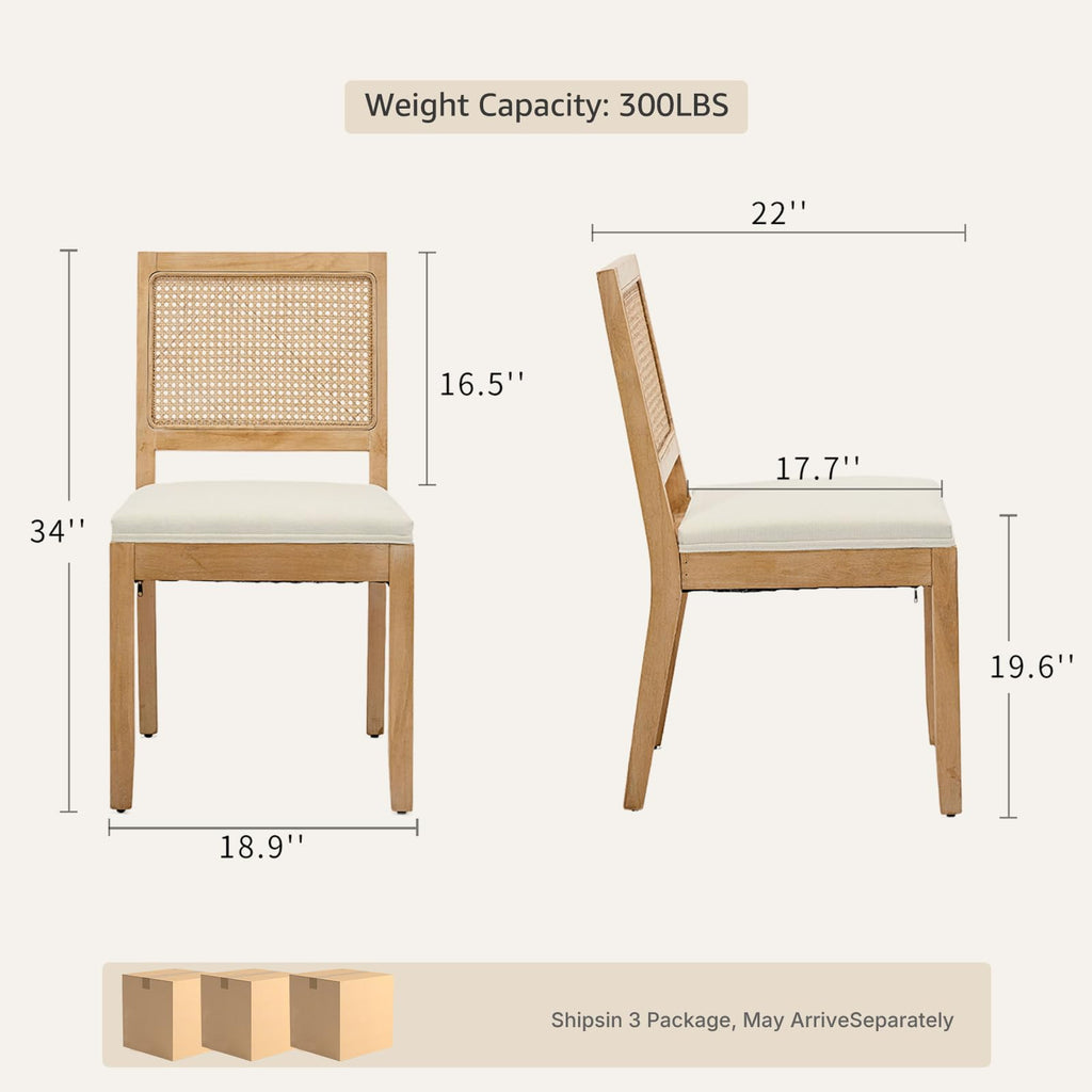 Mid Century Modern Dining Chairs Set of 6, Rattan Dinning Chair with a Square Back, Beige Cane Dining Chair, Linen