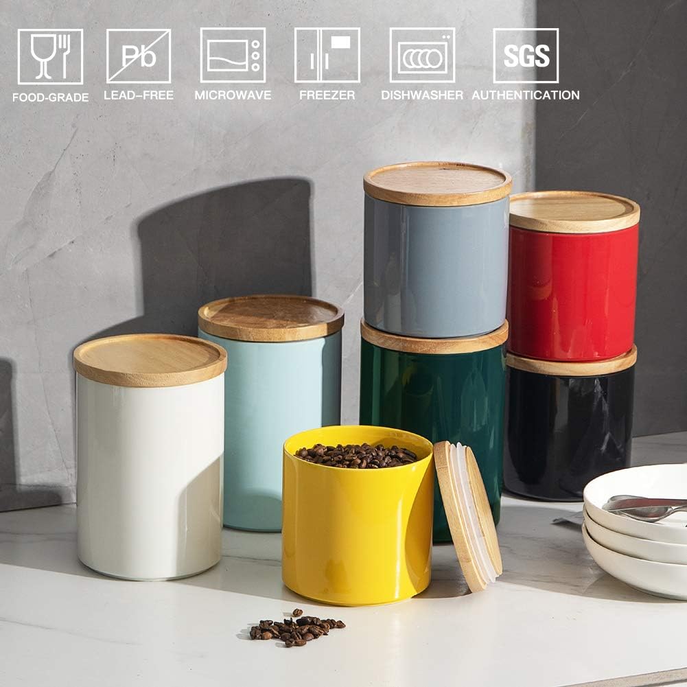 Kitchen Canisters Ceramic Food Storage Jar Set, Stackable Containers with Airtight Seal Wooden Lid for Serving Ground - Set of 4