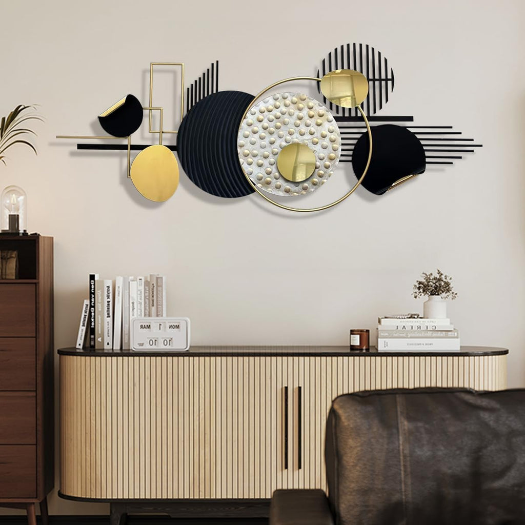 Metal Wall Art Modern Art Black and Gold Boho Living Room Decor Art Abstract Geometric Sculptures Large Wall Decor