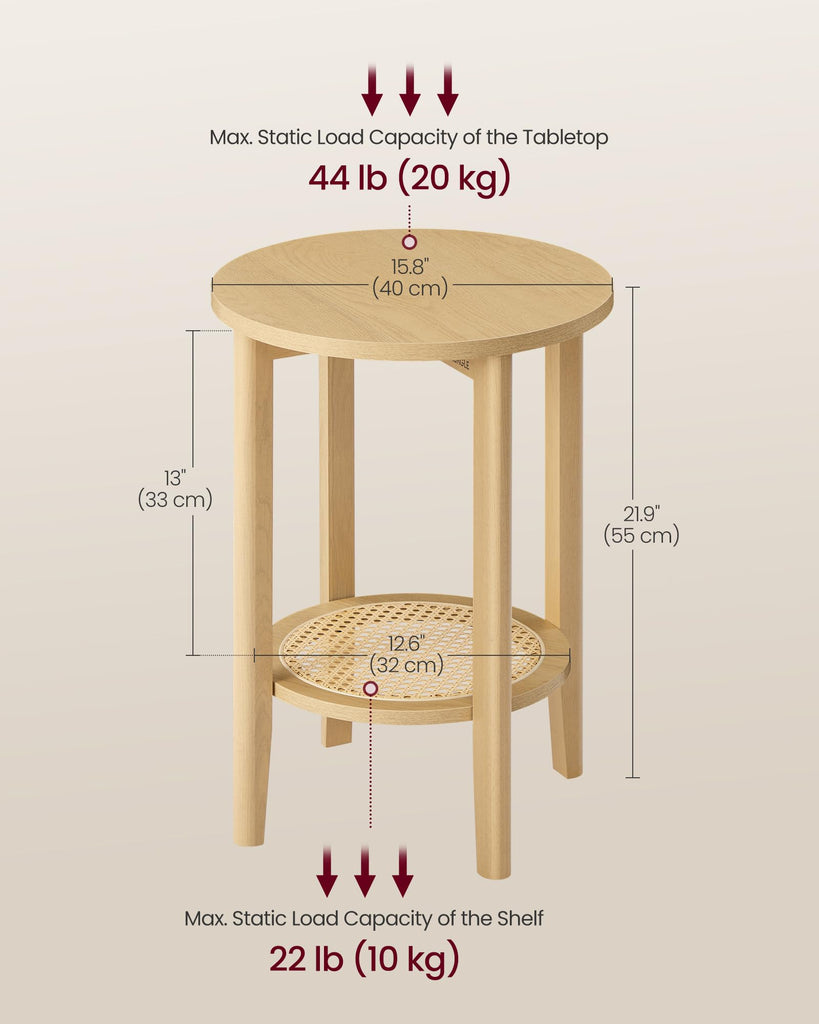 Round Side End Table, 2-Tier Boho Bedside Table with Rattan-Look