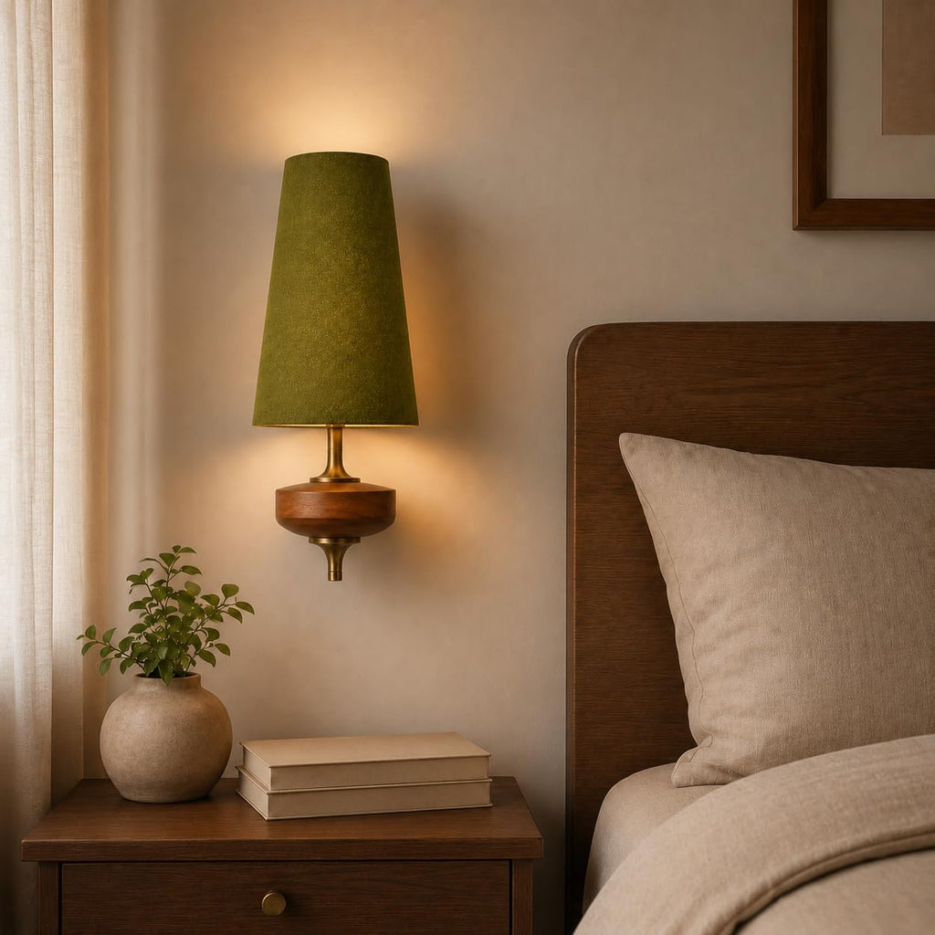 Vintage Mid-Century Wall Sconce, Solid Wooden & Fabric Wall Lamp, E14 LED Wall Light (38×15cm)(Green)