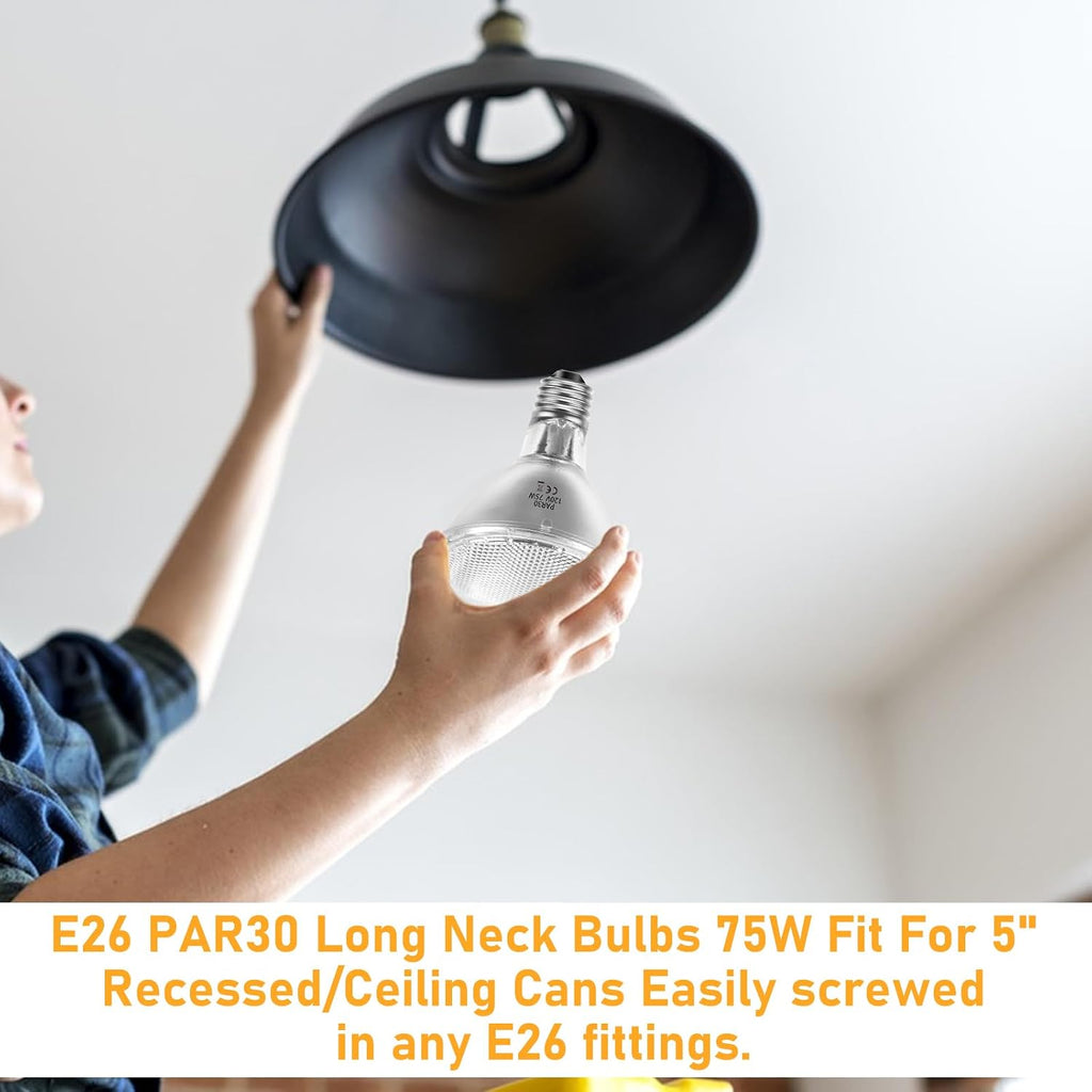 Par30 Long Neck Halogen Flood Bulbs 75W 120V, Par30 Halogen Indoor Floodlight Bulbs Outdoor E26 Dimmable 2700K Bulb 2