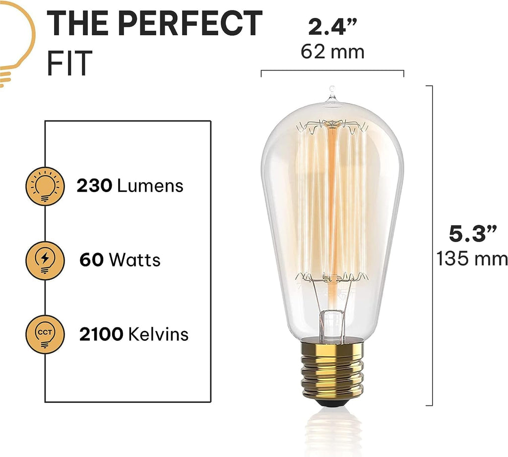 Vintage Edison Incandescent 60W 12-Pack Light Bulbs - Antique ST64 Dimmable 2100K Warm Decorative Squirrel Filament