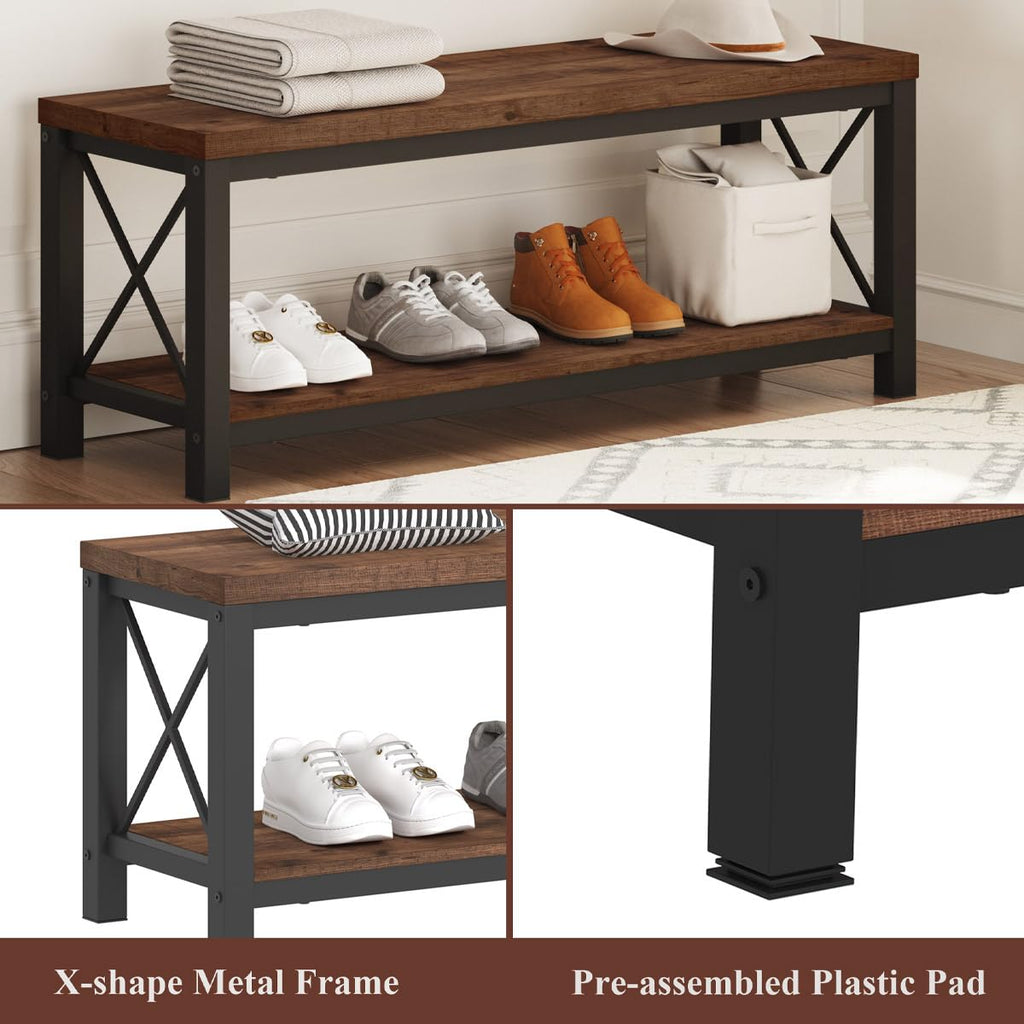 Entryway Bench with Storage, 2 Tier Rustic Shoe Bench, 47 inch