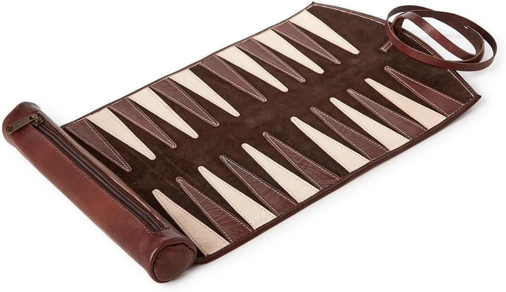 Roll-Up Portable Genuine Leather Backgammon Game Set, 12-Inch, Chestnut