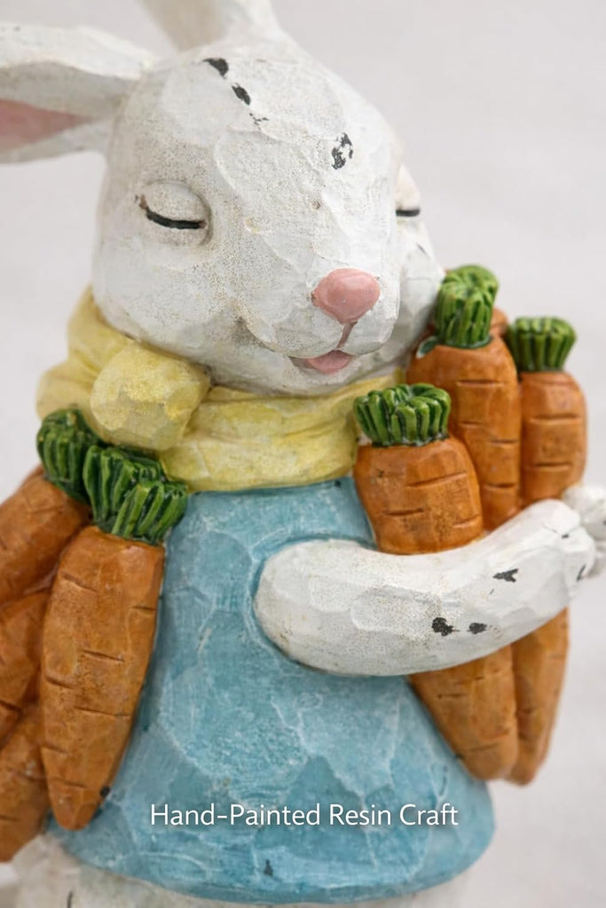 Easter Decorations Bunny Resin Figurine with Carrots - 9.3'' Hand-Painted Rabbit Outdoor Statue, Spring Farmhouse