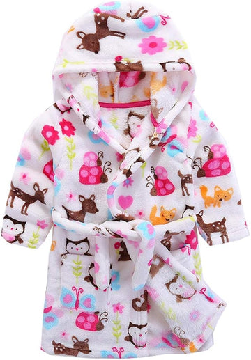 Girls Robes, Plush Soft Coral Fleece Animal Print Hooded Bathrobe for Kids Boys