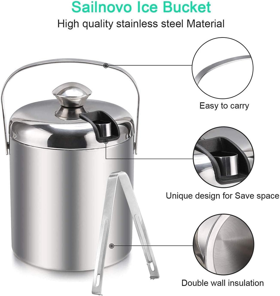 Mini Ice Bucket 1.2 Liter, Premium Compact Double-Wall Stainless Steel with Lid & Ice Tong