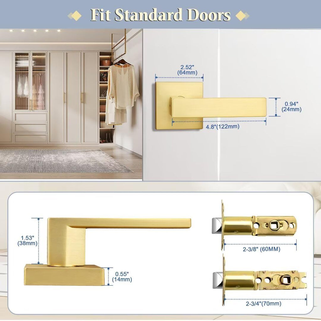 Gold Closet Dook Handle Non-Locking, Brass Passage Lever Door Handle, Heavy Duty Square Door Handles, Reversible Door