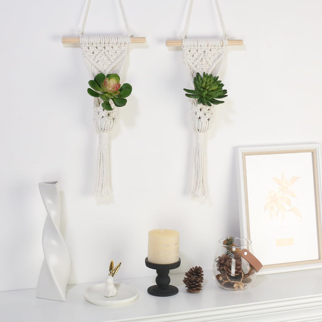 Macrame Wall Hanging Plant Holder with Artificial Succulent, Natural Cotton with Wood Dowel, Boho Wall Decor, Hanging