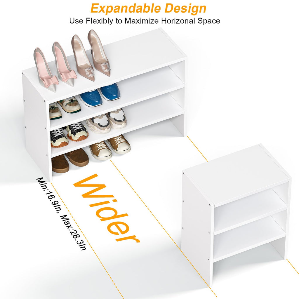 White Shoe Rack Organizer for Closet, 3-Tier Expandable Shoe Shelf, Stackable Iron Wood Combination Shoe Racks