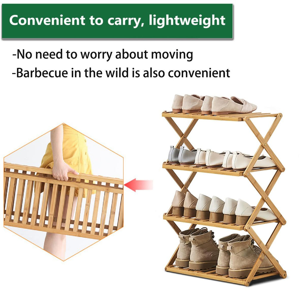 4 Tier Bamboo Shoe Rack, Portable Folding Shoe Storage Rack, Without Installation Small Shoe Rack Perfect for