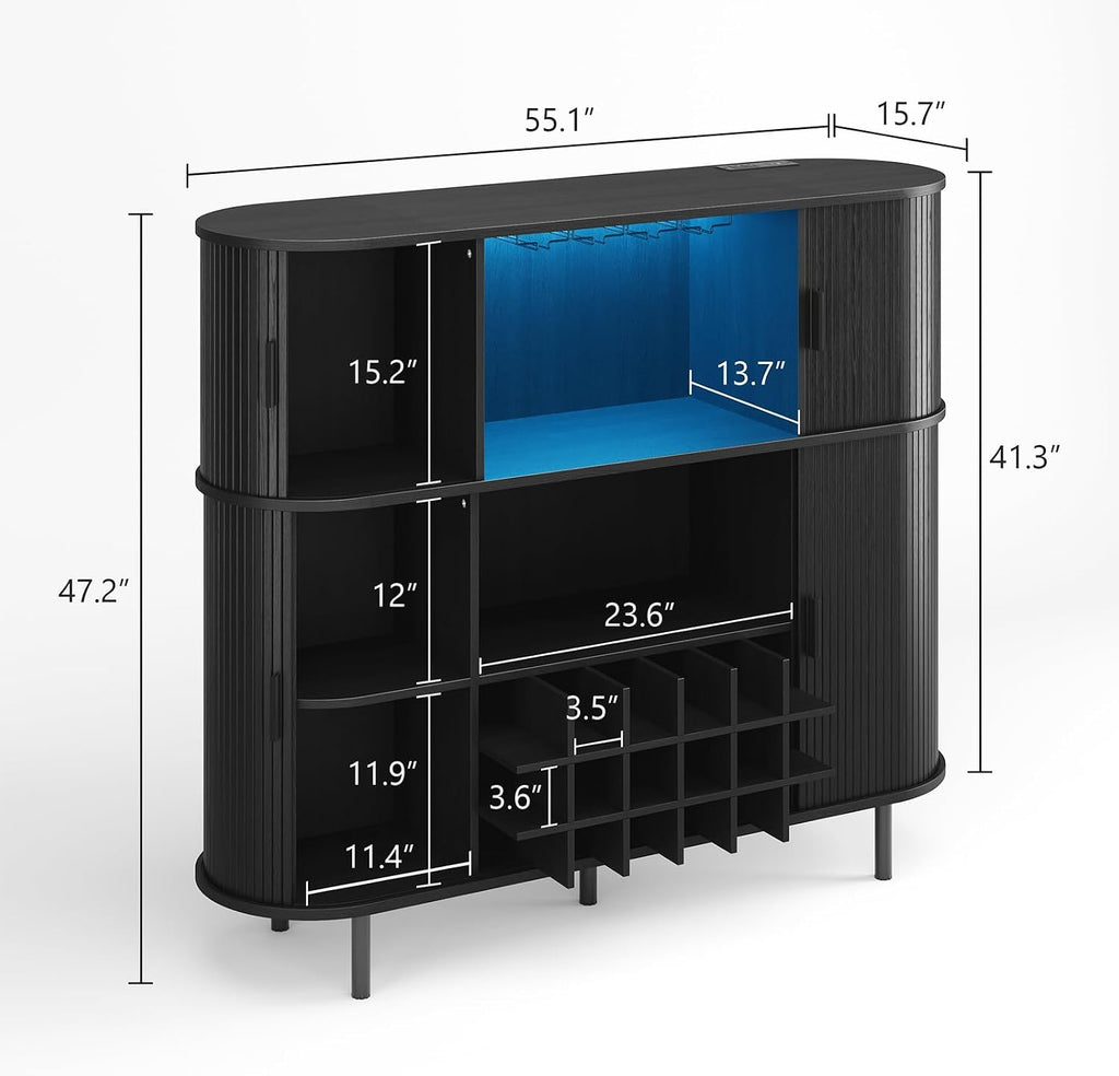 55" Fluted Wine Bar Cabinet with Power Outlet Black | Large Coffee Bar, Liquor Whiskey Cabinet, Home Bar, with LED