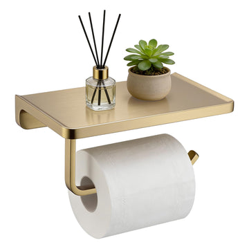 Toilet Paper Holder with Phone Shelf, Zinc Alloy, Brushed Gold