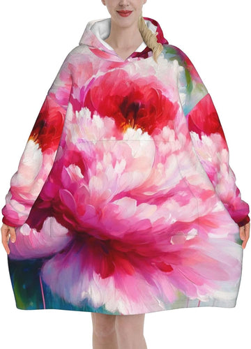 Oversized Adult Long Sleeve Flannel Hoodie Blanket Peony-Flowers-Painting Soft Fuzzy Hooded Sweatshirt Lounging