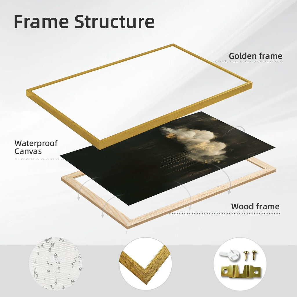 Gold Framed Abstract Cloud Wall Art Modern Darkness Moody Landscape Poster Minimalist Dark Academia Canvas Painting