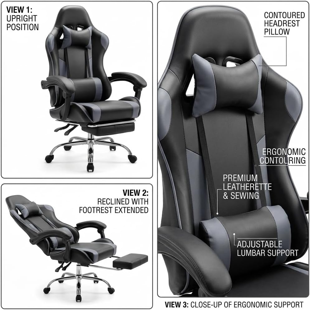 Racing E-Sports Gaming Chair - Ergonomic Grey PU Leather Computer Desk Chair with Footrest, High Back Recliner with