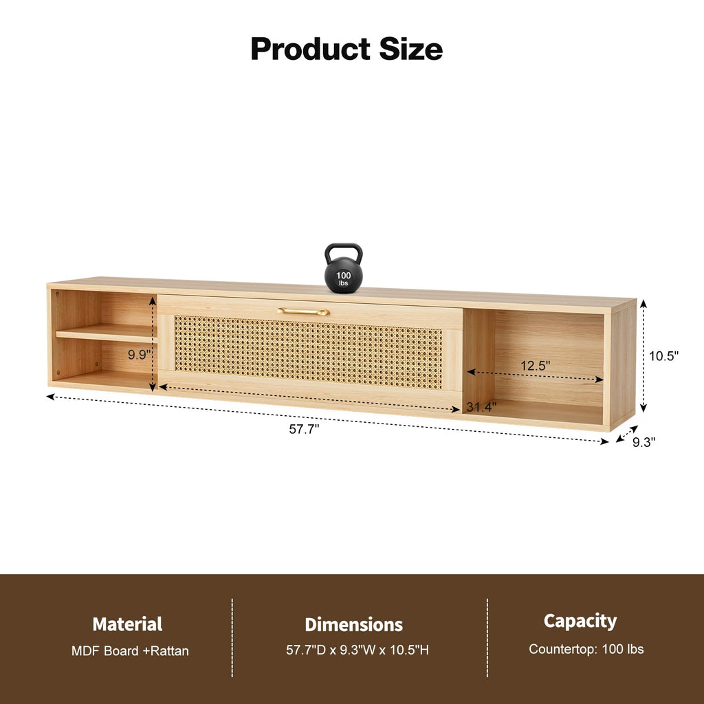 Floating TV Stand with Rattan Door and Large Storage TV Shelfs, Wood