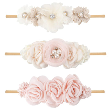 Baby Girl Floral Headband Nylon Flower Crown Elastic Hairband 3pcs Hair Accessories Gift for Girls, YM7, stretchy size