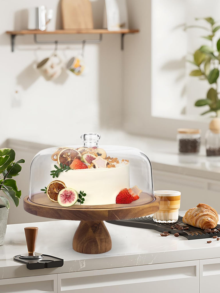 Acacia Wood Cake Stand with Acrylic Lid, 2-in-1 12 inch Round Cake Holder