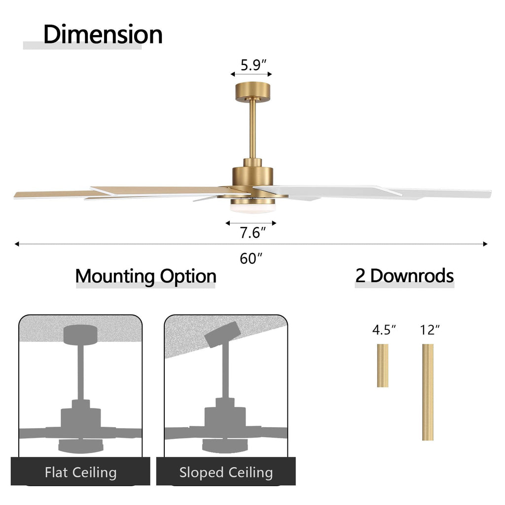 60" Ceiling Fan with Light and Remote Control, 6 Speed Reversible DC Motor, Dimmable LED Light, and Commercial Use