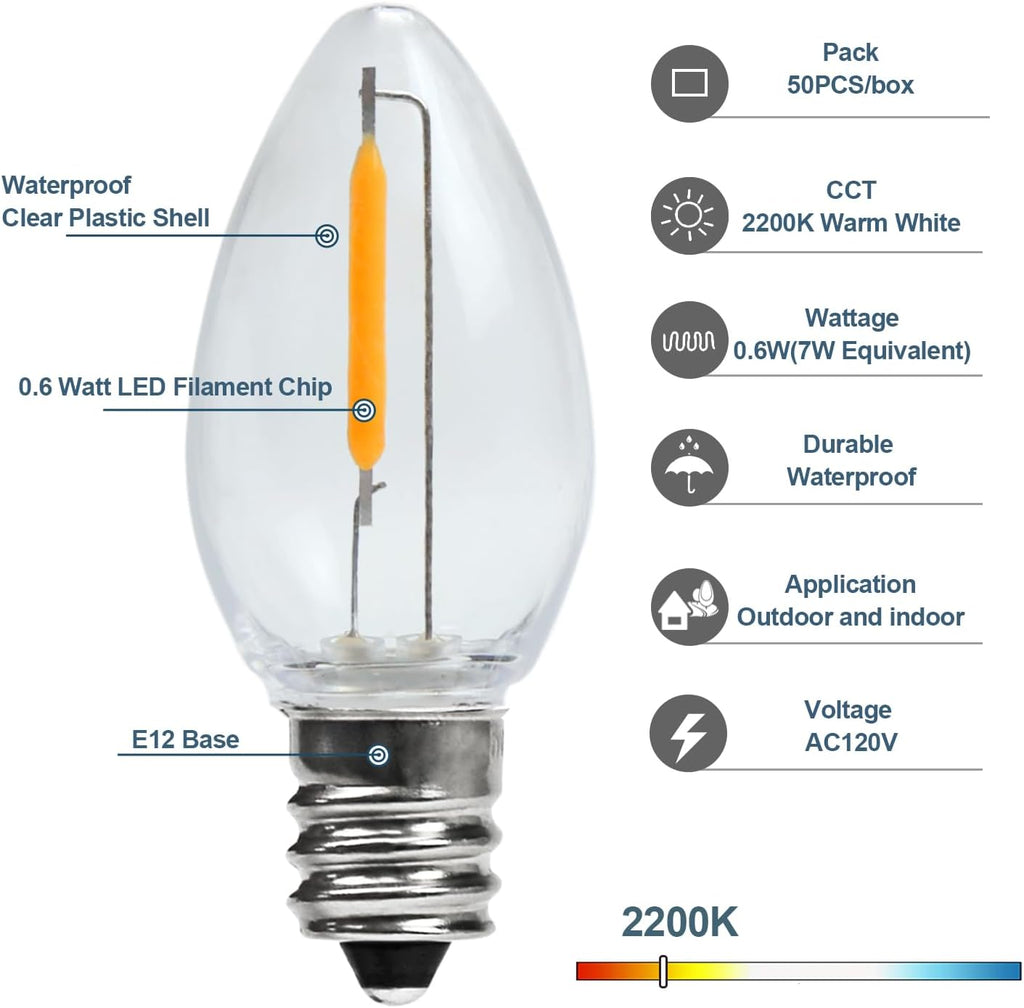 C7 LED Night Light Bulbs, 0.6W, E12 Base, Warm White 2200K, 50 Pack