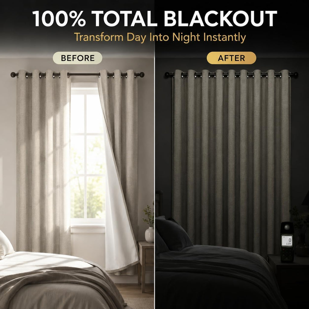 100% Blackout Curtains Set of 4 Panels, Grommet Drapes, Thermal Insulated and Noise Reducing Room Darkening Curtains