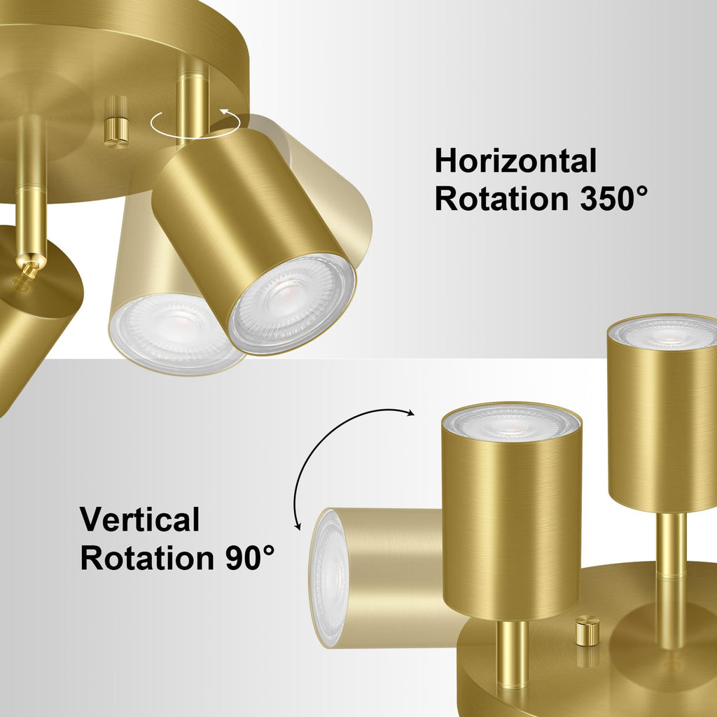 3 Light Track Lighting Fixtures Ceiling, Gold Round Directional Ceiling Spotlight, GU10 Flush Mount Track Fixture