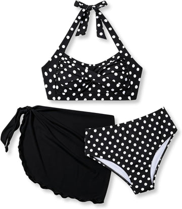 Teen Girl's 3 Piece Swimsuits Polka Dot Halter Neck Bikini Set Bathing Suit with Mesh Coverups Skirt