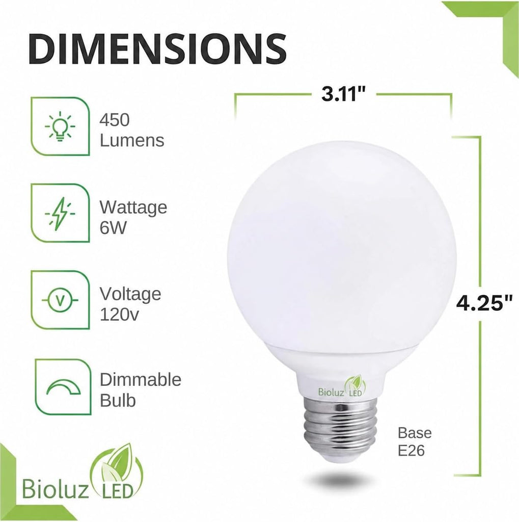 G25 Globe Vanity Light Bulbs, 40W Equivalent, 2700K Warm White, 90 CRI, 450 Lumens, Flicker Free Dimmable Bulbs