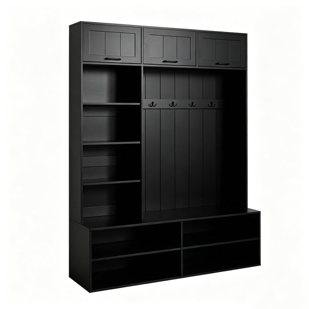 59" W Farmhouse Black Hall Tree with Bench and Shoe Storage, Entryway Bench with Coat Rack and Hooks, Modern Entryway