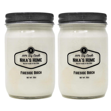 Fireside Birch 12oz Mason Jar Soy Candles - 2 Pack - Hand Poured Handmade, Long Burning 50-60 Hours Highly Scented
