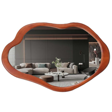 42"x 28" Irregular Wall Mirror, Walnut Wood Framed Wall Mirror, Asymmetrical Wall Wavy Mirror Bedroom Entryway