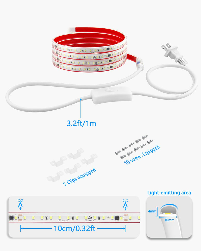 AC 120V LED Strip Light 72in Under Cabinet Cold White Self-Adhsive Under Counter Lighting Strips Plug in with Switch