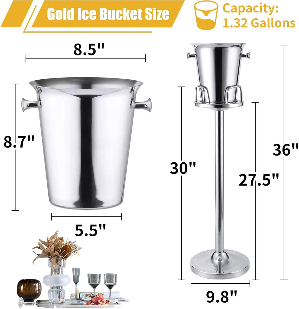 Silver Ice Bucket with Stand, large Champagne Ice Bucket 1.32 gal, Stainless Steel Ice Bucket, 3Ft Tall Ice Bucket