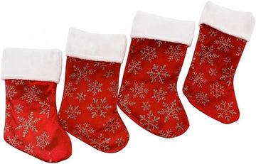 Christmas Stockings with Snowflake Pattern, Red Velvet, White Faux Fur Trim, Silver Glitter Design, 4-Piece Set